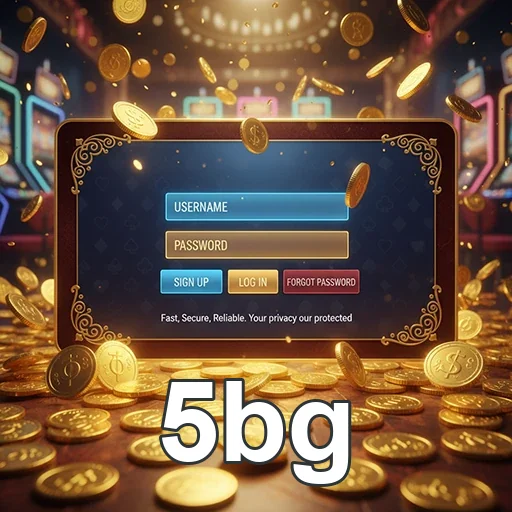 Tela de login do 5bg com moedas no fundo, mostrando campos de acesso.