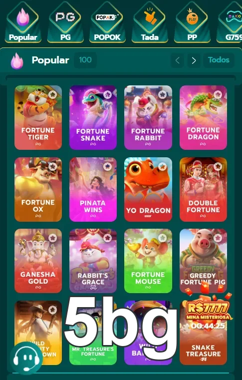 Tela da 5bg mostrando jogos populares com opções de saque rápido.